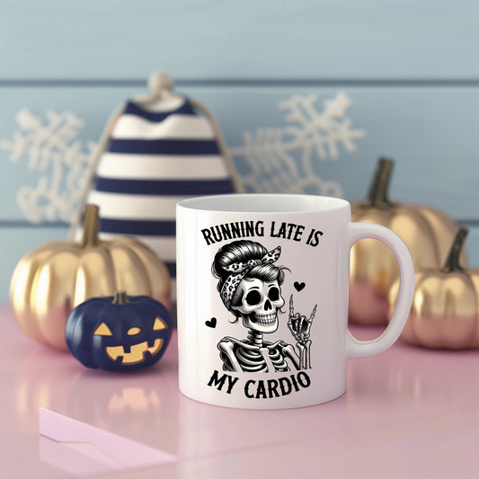 Cute Running Late Is My Cardio Funny Skeleton Coffee Cup Gift For Mom, Mothers Day Hilarious Skeleton Workout Active Gag Gift For Her