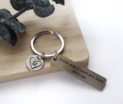 Drive Safe Handsome Metal Engraved Keychain With Initial Charm Gift For Him, Special Drive Safe Metal Engraved Keychain Gift For Her