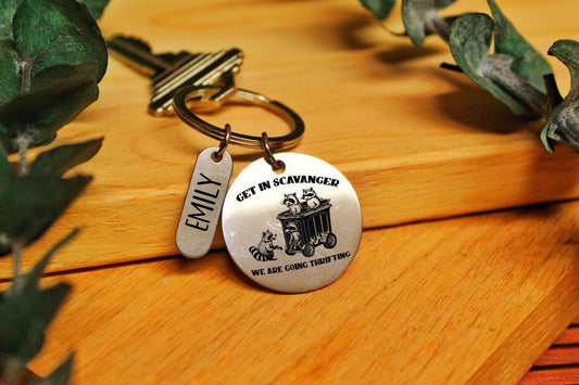 Custom Name Get In Scavenger We’re Going Thrifting Funny Racoon Wagon Keychain Gift For Her Best Friend Gift For Sister Sustanable Bestie