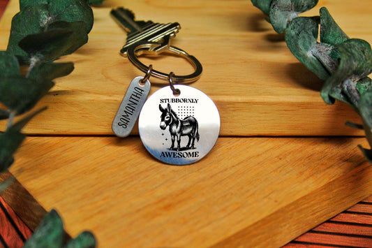 Stubbornly Awesome Funny Donkey Jackass Personalised Metal Keychain Gift For Her Or Him, Funny Equine Gift For Best Friend