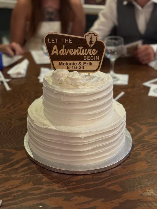 Custom Wooden Let The Adventure Begin National Forrest Sign Travelers Wedding Cake Topper With Name And Date Vacation Honeymoon Wedding Sign