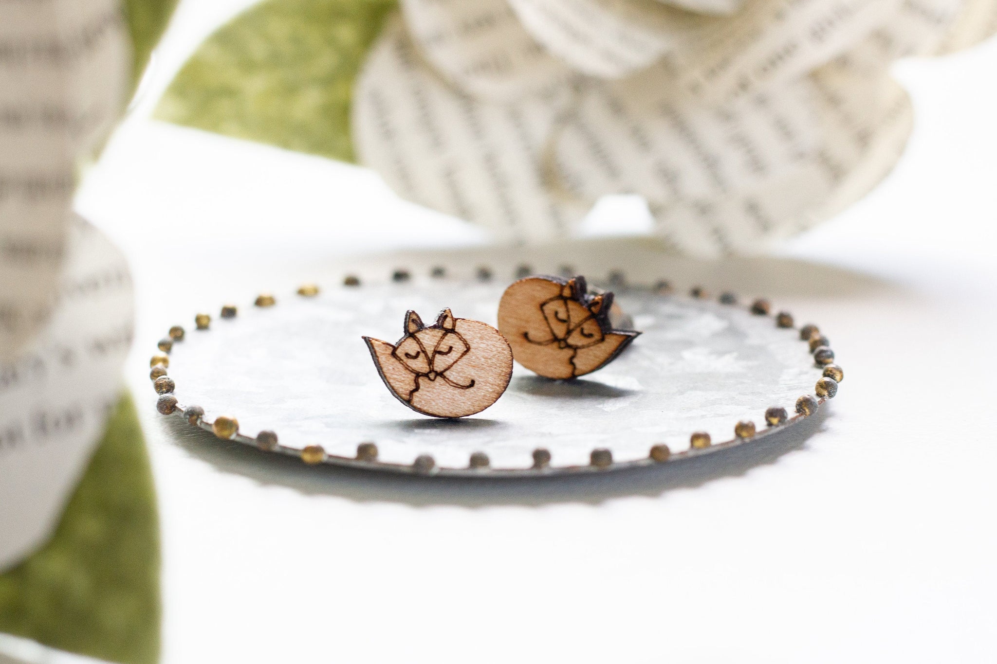 Cute Curled Up Fox Wooden Stud Earings, Tiny Fox Minimalist Engraved Earings, Stustanable Jewelry