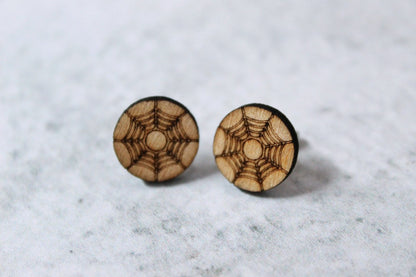 Cute Spider Web Halloween Wooden Stud Earrings, Spooky Natural Webbed Jewlery