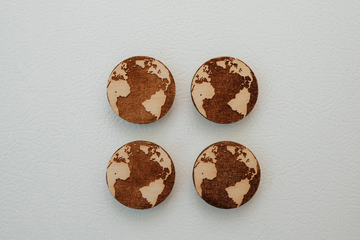Wooden Planet Earth Magnet Set Of 4, Earthy Nature Kitchen Decor, Earthday Home Decor Magnets