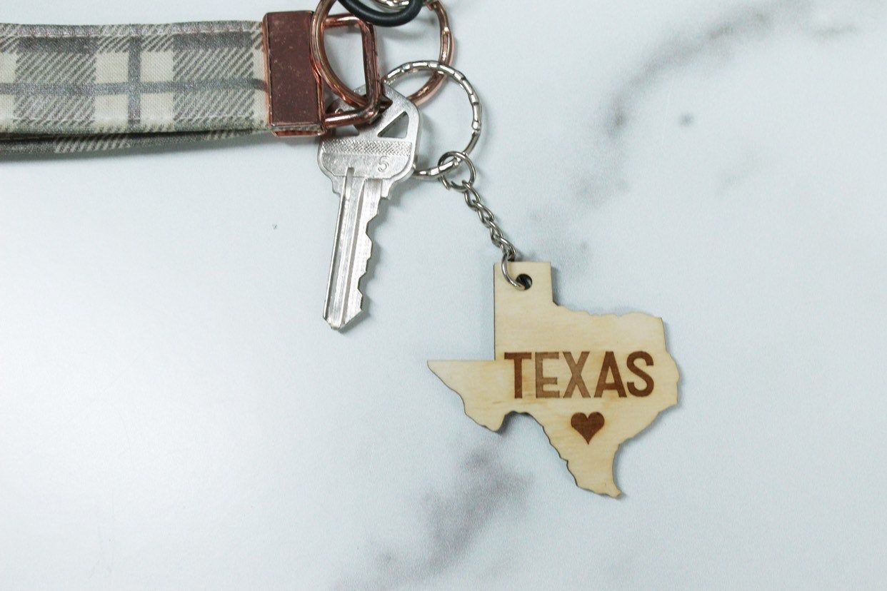 Wooden Texas Shaped Keychain With Engraved Heart, Lone Star State Keychain With Keyring