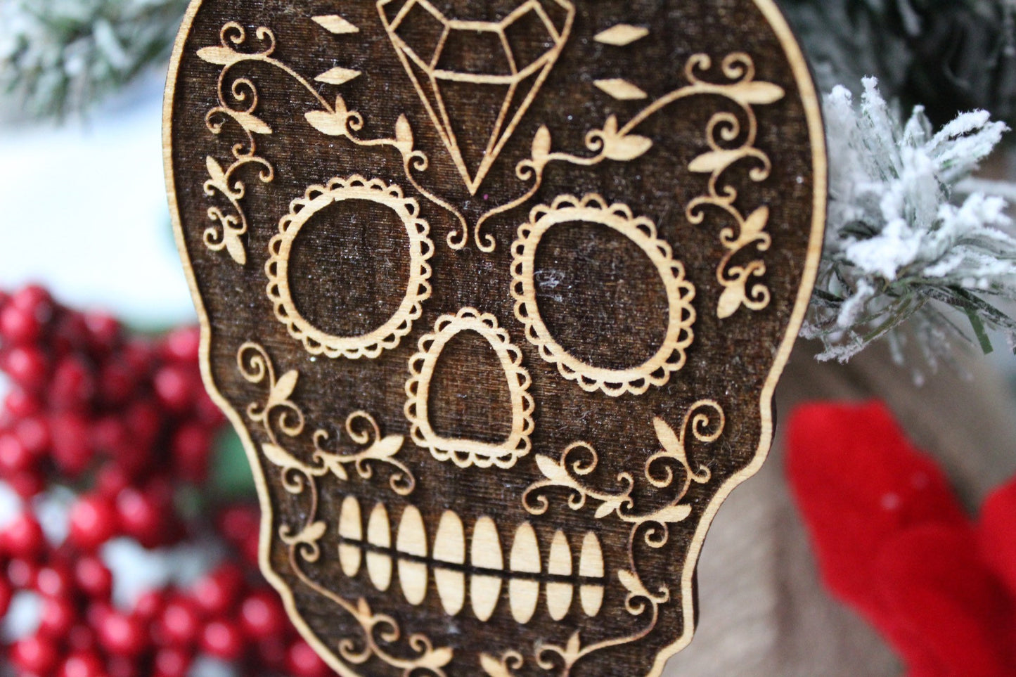 Day of the Dead Día de los Muertos Sugar Skull Wooden Christmas Ornament, Halloween Christmas Ornament