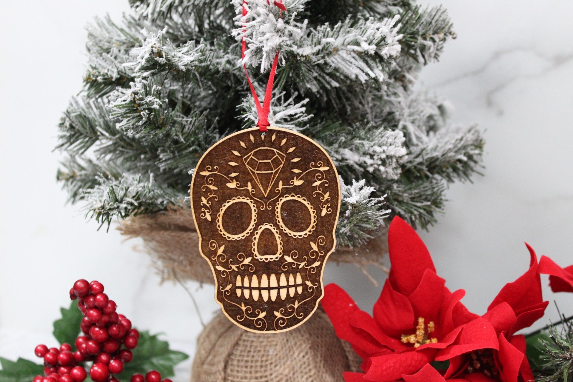 Day of the Dead Día de los Muertos Sugar Skull Wooden Christmas Ornament, Halloween Christmas Ornament