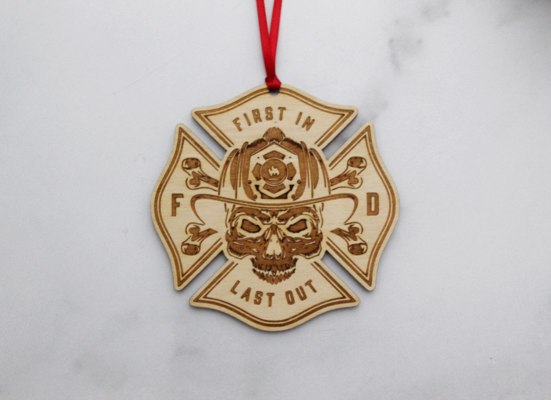 Fireman Skull Badge Christmas Ornament Gift For Him, Fire fighter First Responder First In Last Out Wooden Christmas Ornament