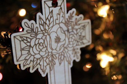 Floral Cross Christmas Ornament Gift For Christians, Flower Wooden Jesus Cross Religious Gift