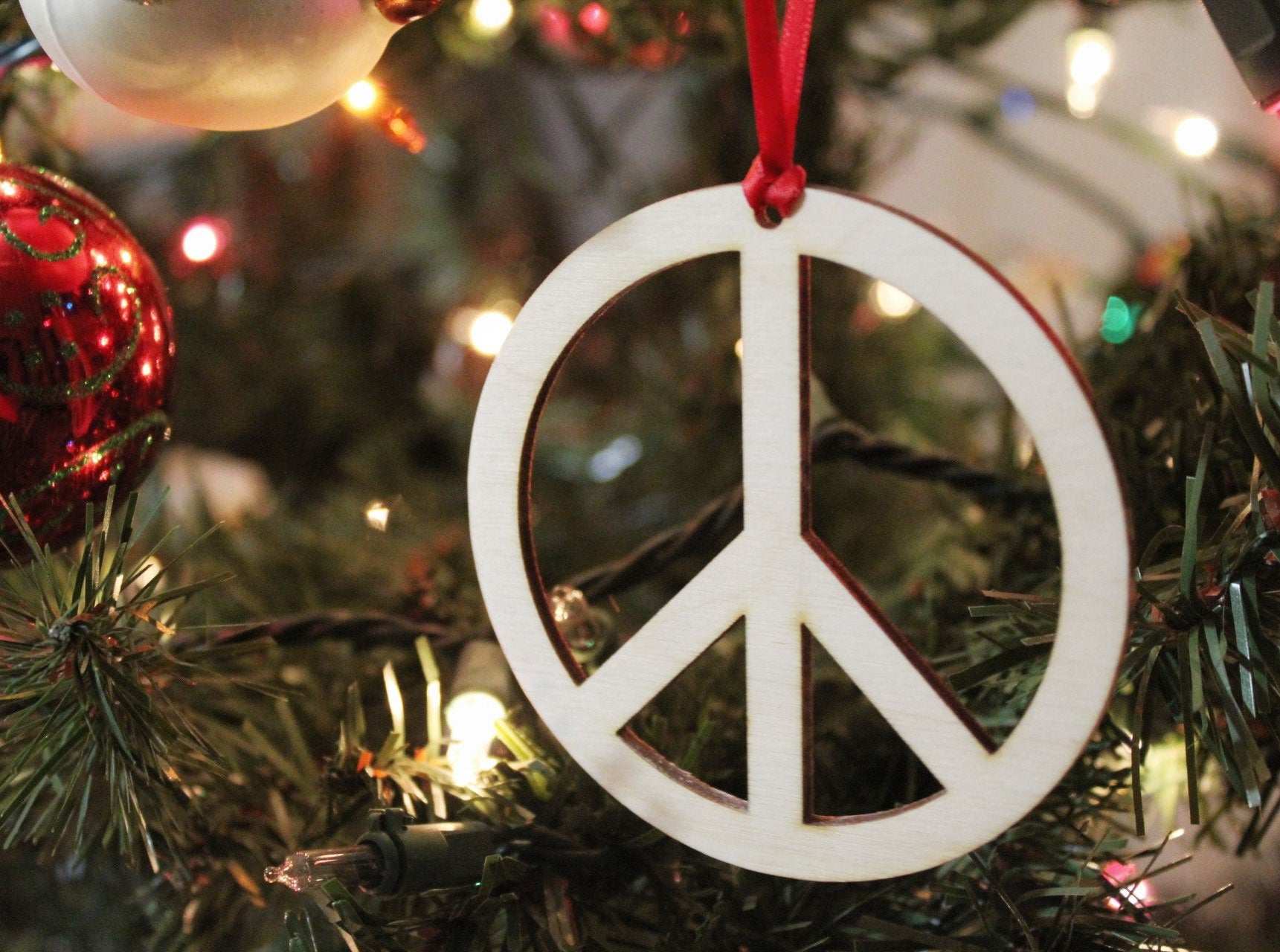 Peace Sign Christmas Ornament Hippie Gift, 70’s Vintage Style Wooden Christmas Ornament