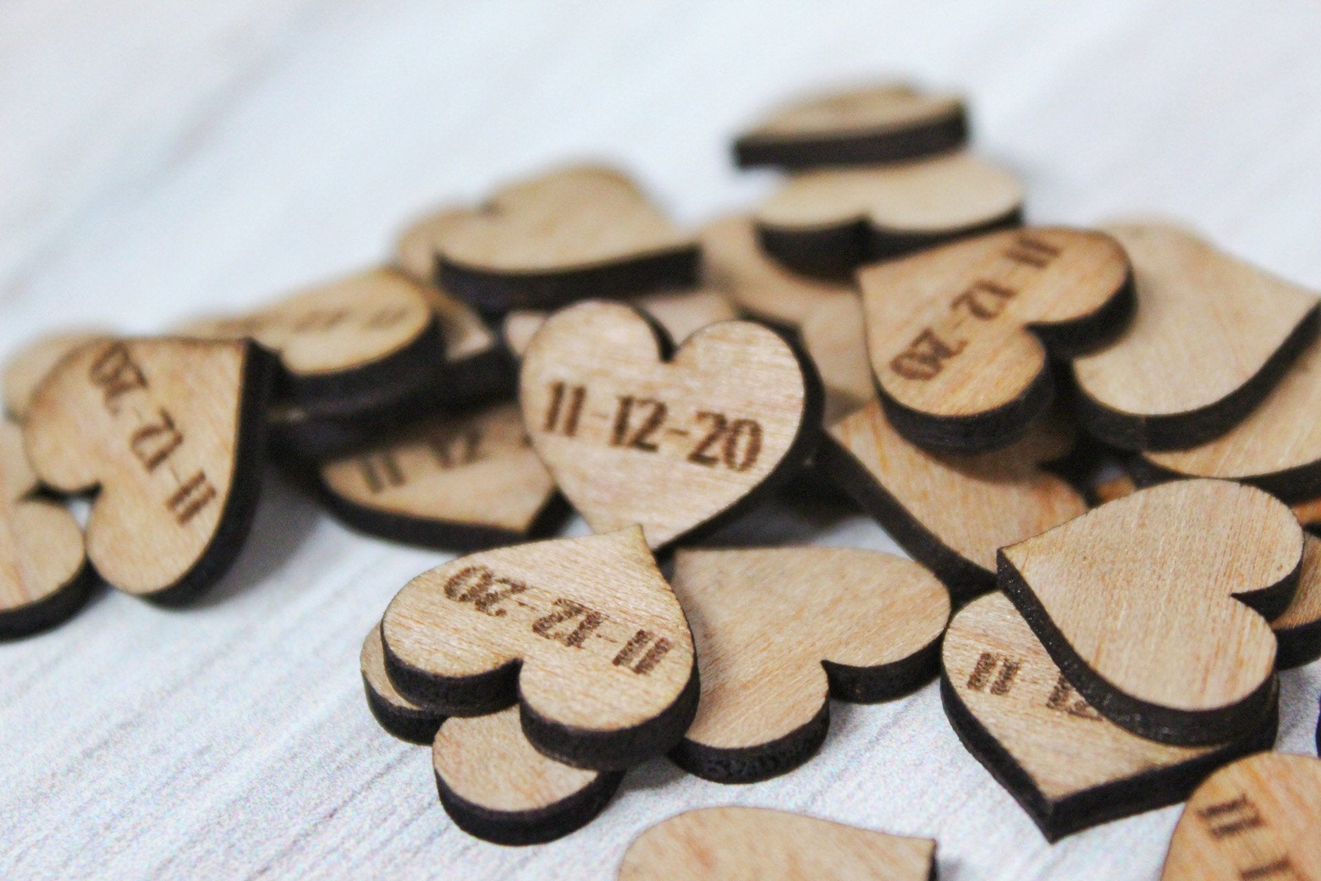 Cute Tiny Rustic Wooden Heart Wedding Date Table Confetti Decor, Guest Book Table Date Confetti Country Wedding Decor