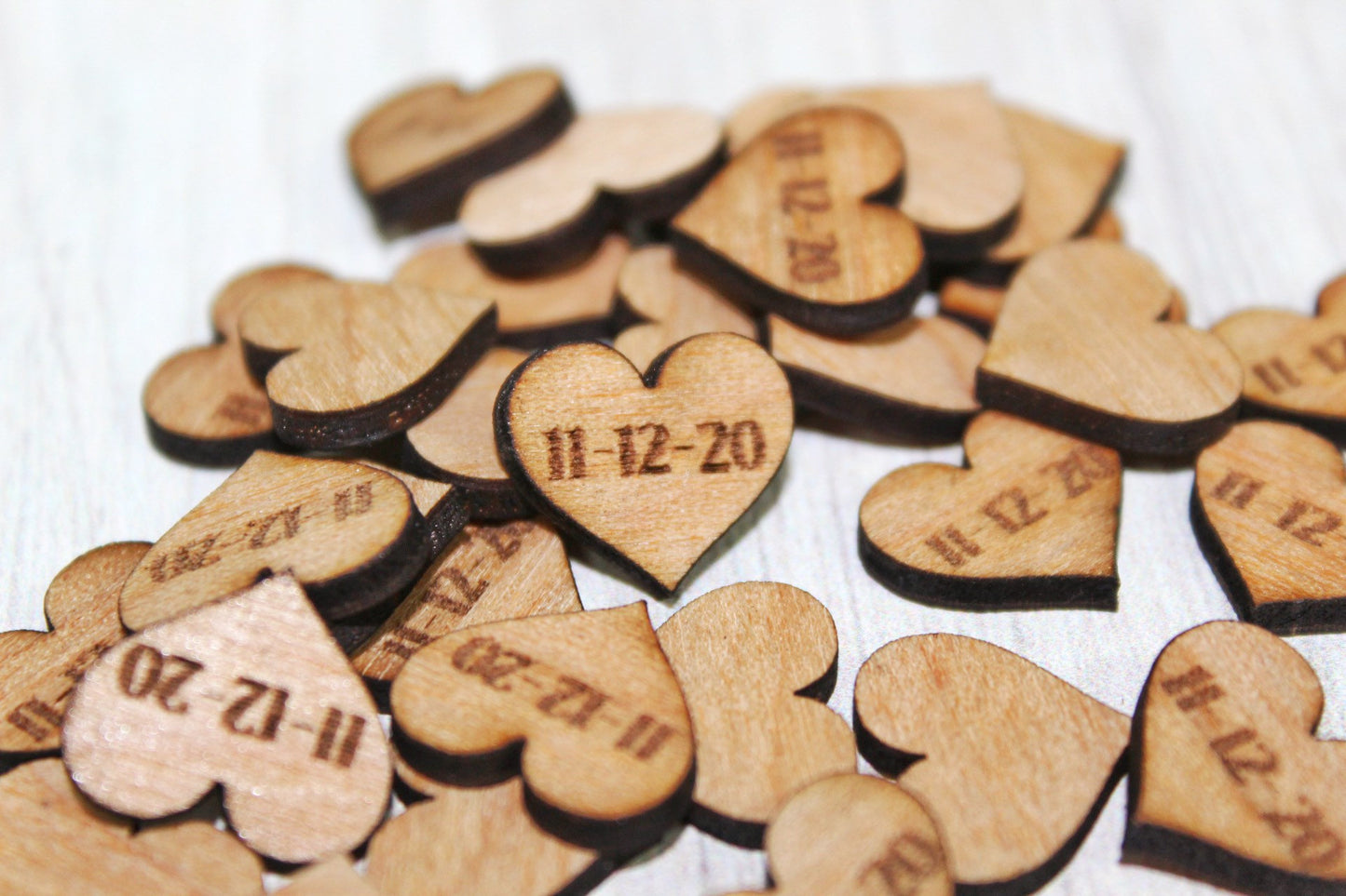 Cute Tiny Rustic Wooden Heart Wedding Date Table Confetti Decor, Guest Book Table Date Confetti Country Wedding Decor