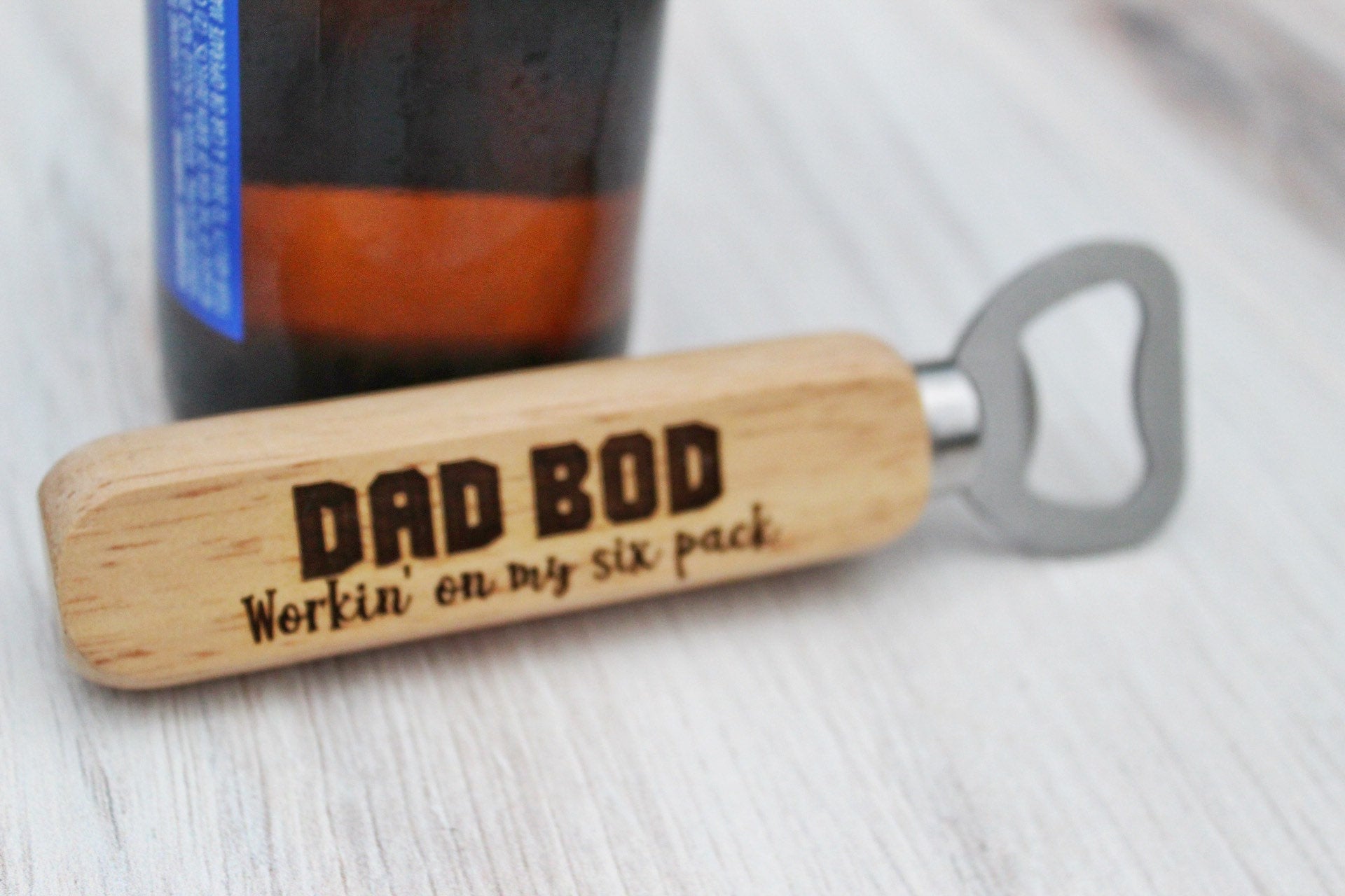 Dad Bod Workin’ On My Six Pack Funny Wooden Bottle Opener Party Favor Gift For Him, Personalized Funny Husband Beer Gift