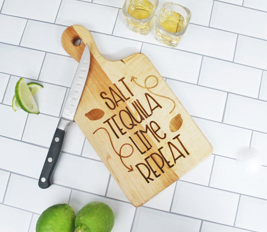 Small Salt Tequila Lime Repeat Alcohol Funny Maple Engraved Cutting Board, Silly Tequila Lovers inch Serving Tray Bachelor Gift