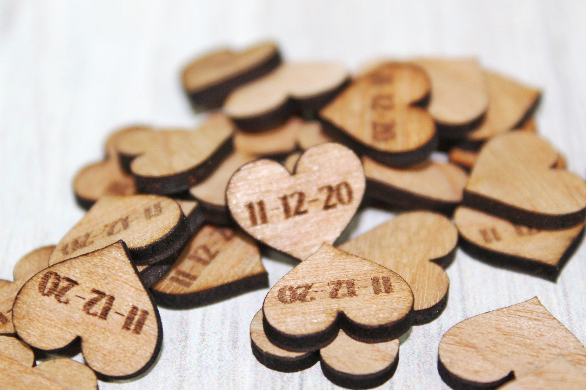 Cute Tiny Rustic Wooden Heart Wedding Date Table Confetti Decor, Guest Book Table Date Confetti Country Wedding Decor