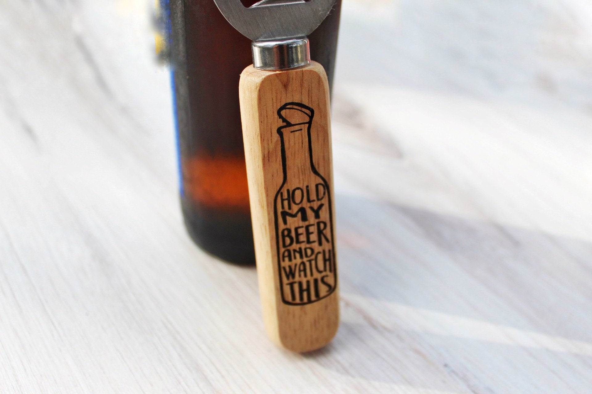 Hold My Beer And Watch This Wooden Engraved Beer Bottle Opener Gift For Him, Funny Personalized Beer Gift