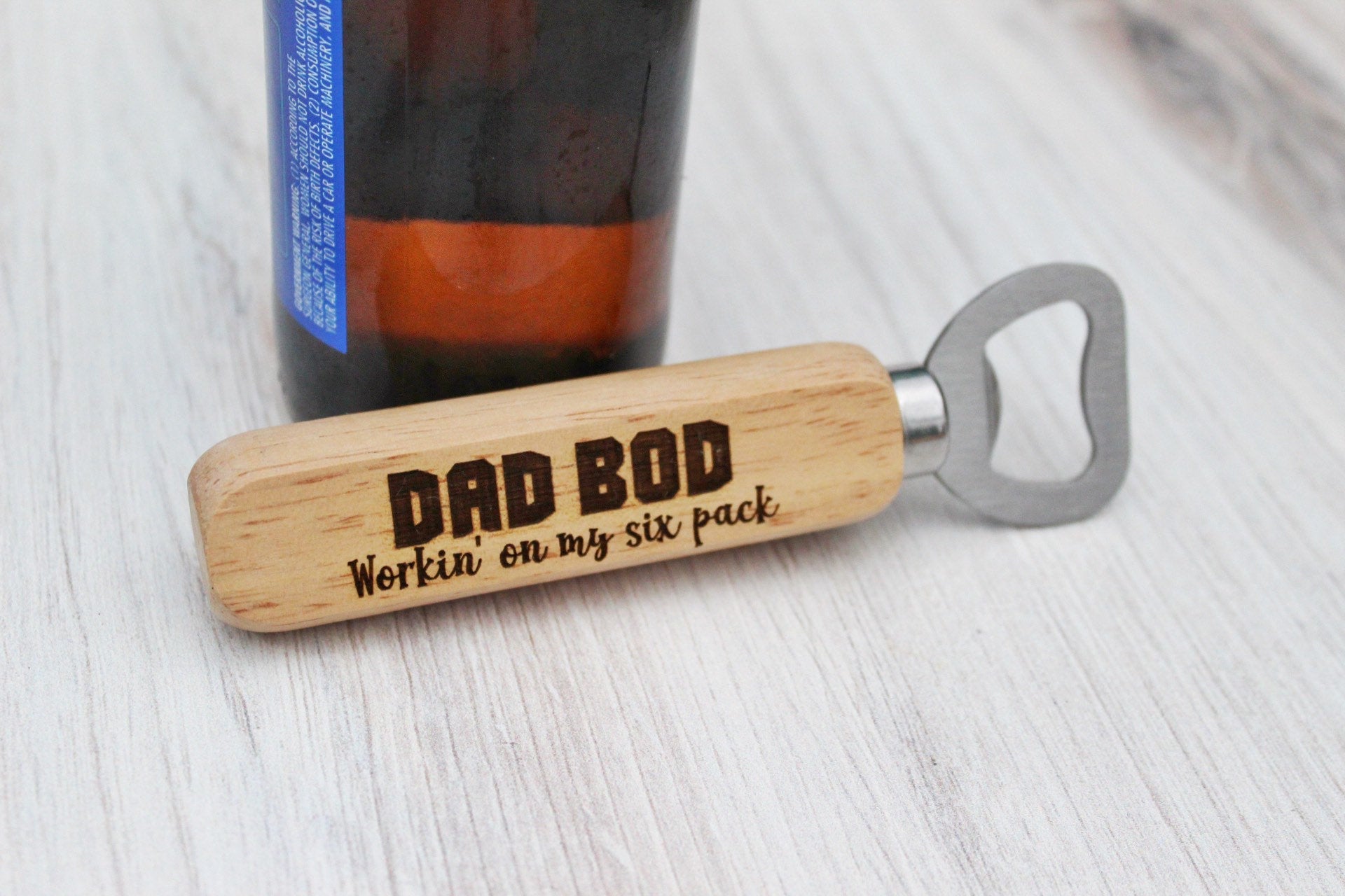 Dad Bod Workin’ On My Six Pack Funny Wooden Bottle Opener Party Favor Gift For Him, Personalized Funny Husband Beer Gift