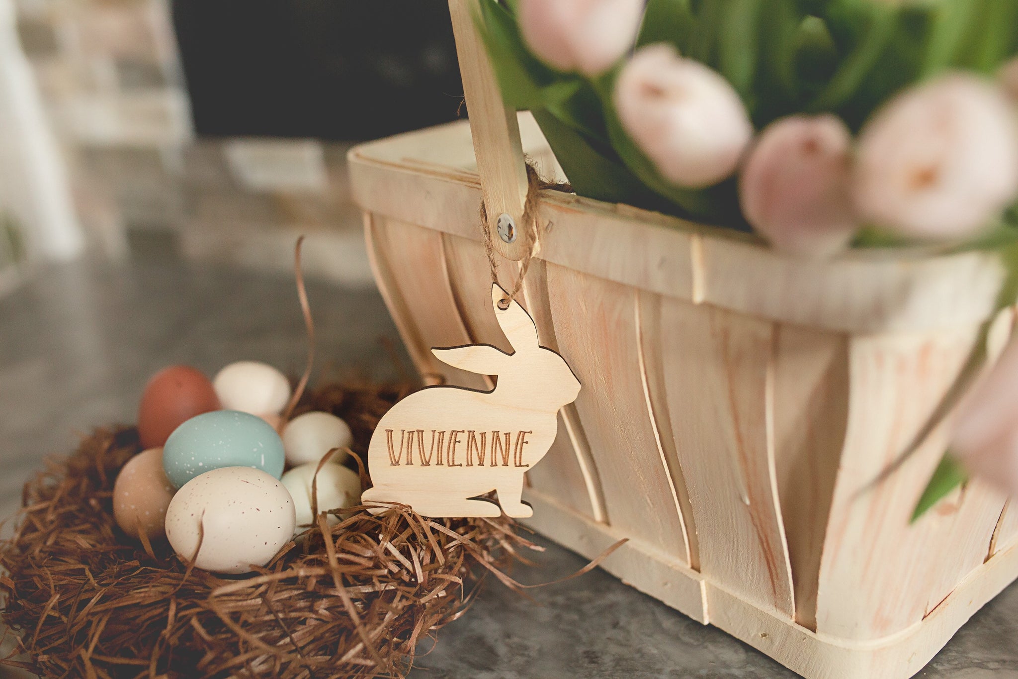 Personalized Wooden Sustainable Engraved Easter Bunny Basket Gift Tag, Cute Custom Personalized Wooden Bunny Easter Basket Tags