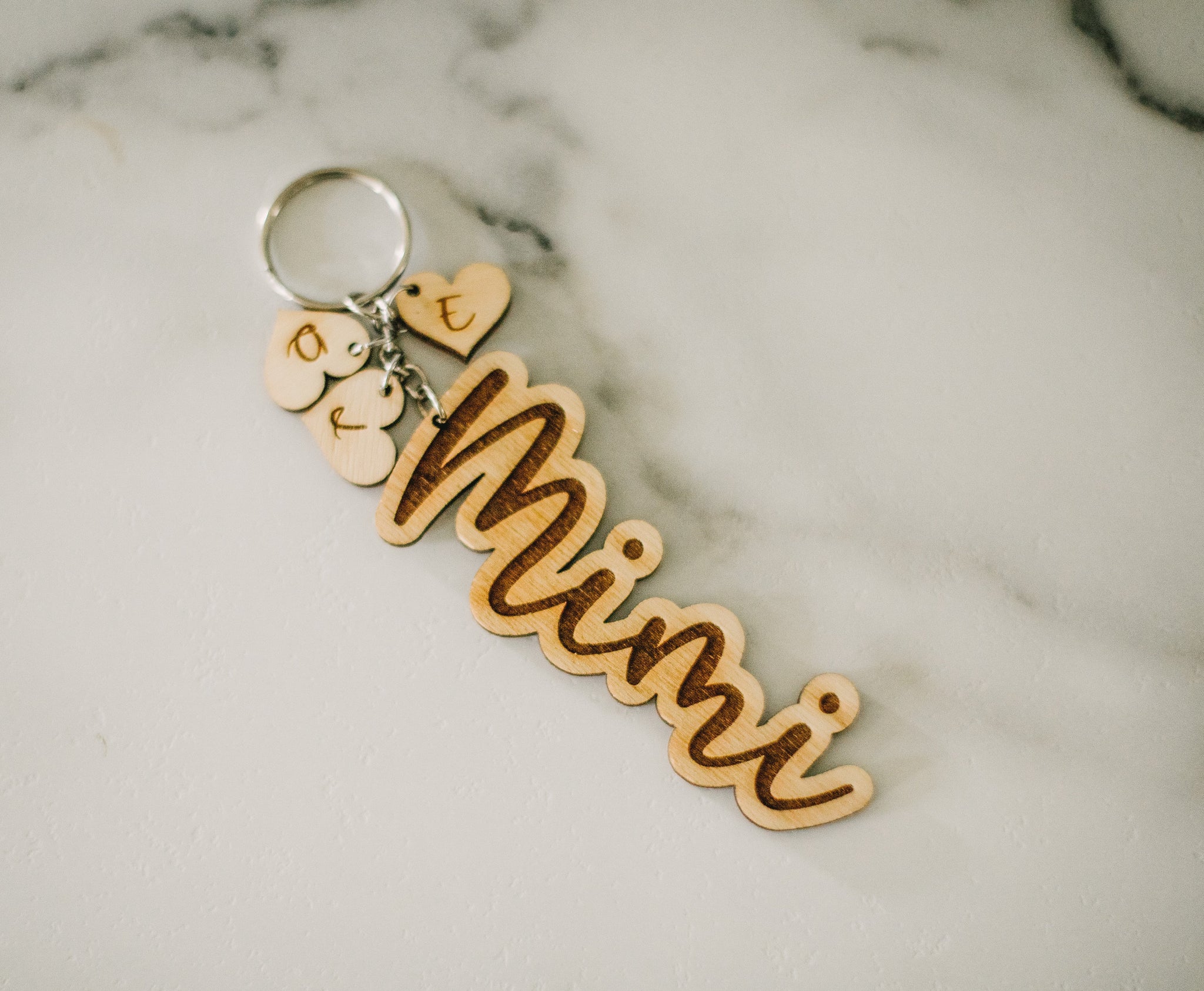 Mimi Wooden Initial Heart Keychain Gift For Grandma, Mother’s Day Wood Child Initial Heart Keychain Charms