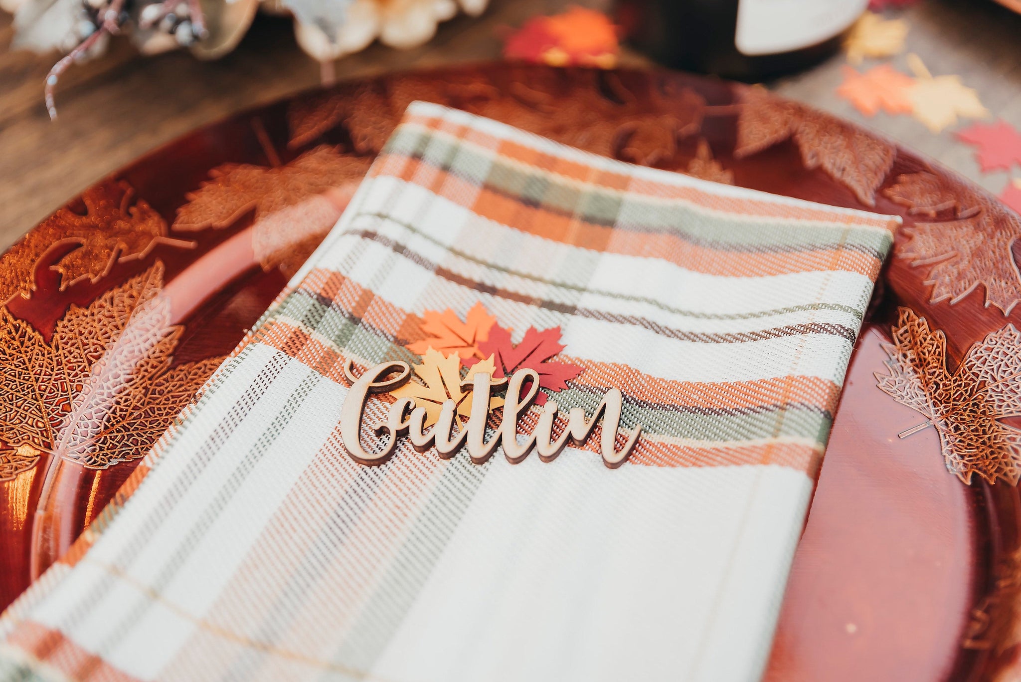 Fall Themed Wedding Name Place Cards, Personalized Wedding Party Laser Cut Name Plate Setting Guest Name Cutout Holiday
