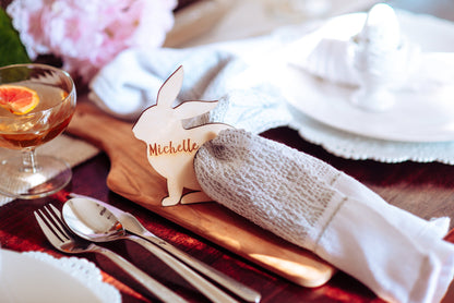 Personalized Bunny Shaped Napkin Holder Place Card Combo For Easter Dinner, Custom Holiday Name Place Holder Card Napkin Ring For Holiday