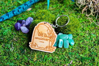 Died Anxious Cute Tombstone Wooden Engraved Keychain Gift For Teen Goth, Anxiety Awareness Keychain Gift For Her