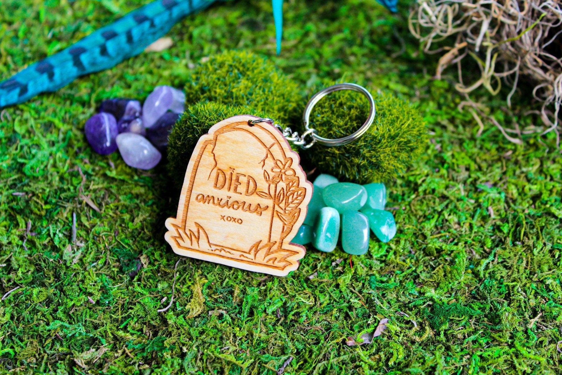 Died Anxious Cute Tombstone Wooden Engraved Keychain Gift For Teen Goth, Anxiety Awareness Keychain Gift For Her