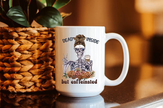 Dead Inside But Caffeinated Top Bun Skeleton Halloween Coffee Mug Gift For Her, Funny Retro Ceramic Mug Cute Gift For Mom