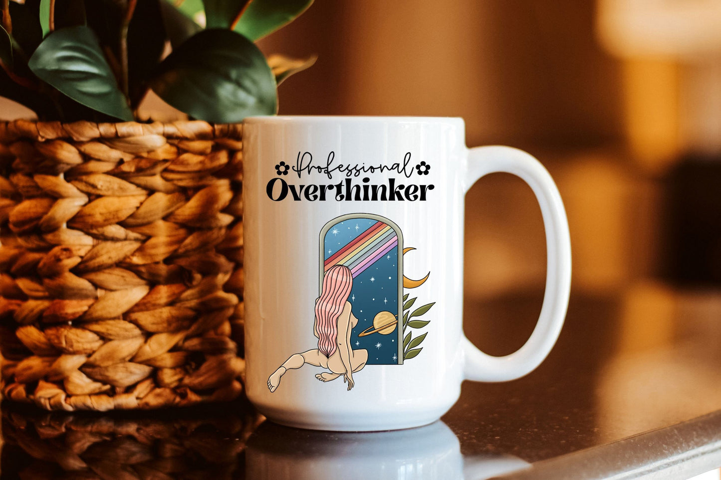 Professional Overthinker Retro Naked Girl Space Rainbow Coffee Mug, Cute Inspirational Space Themed Feminist Coffee Mug Gift For Her