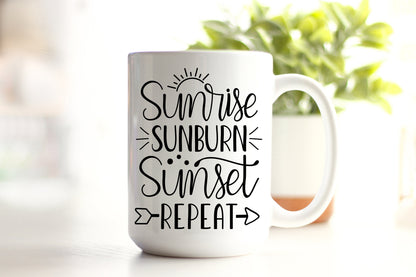 Sunrise Sunburn Sunset Repeat Funny Beach Themed Coffee Mug Gift For Beachy Friend, Funny Beach Coffee Mug Gift For Her Mom