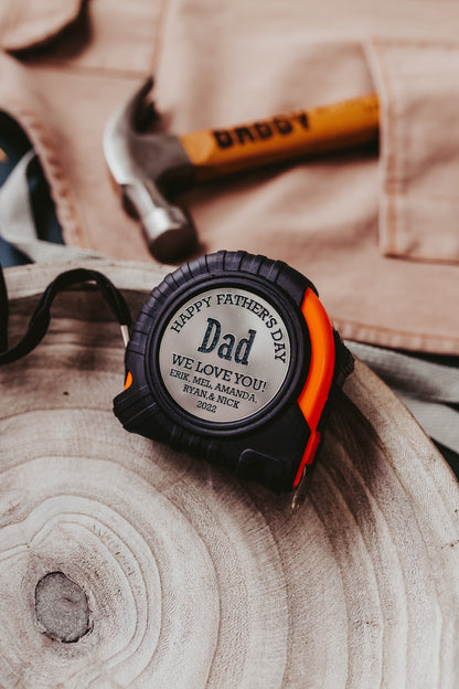 Personalized Silver Happy Fathers Day Dad Tape Measure Gift for Dad Stepdad Grandfather, Custom Silver And Black Plated Tape Measure