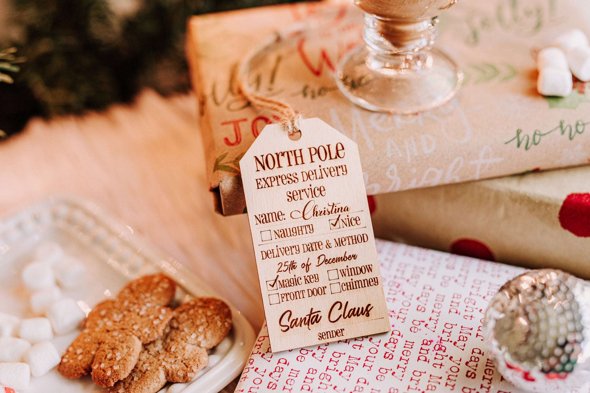 Custom North Pole Express Wooden Rustic Christmas Gift Tags With Twine, Cute Custom Name Christmas Gift Tag For Kids Gifts