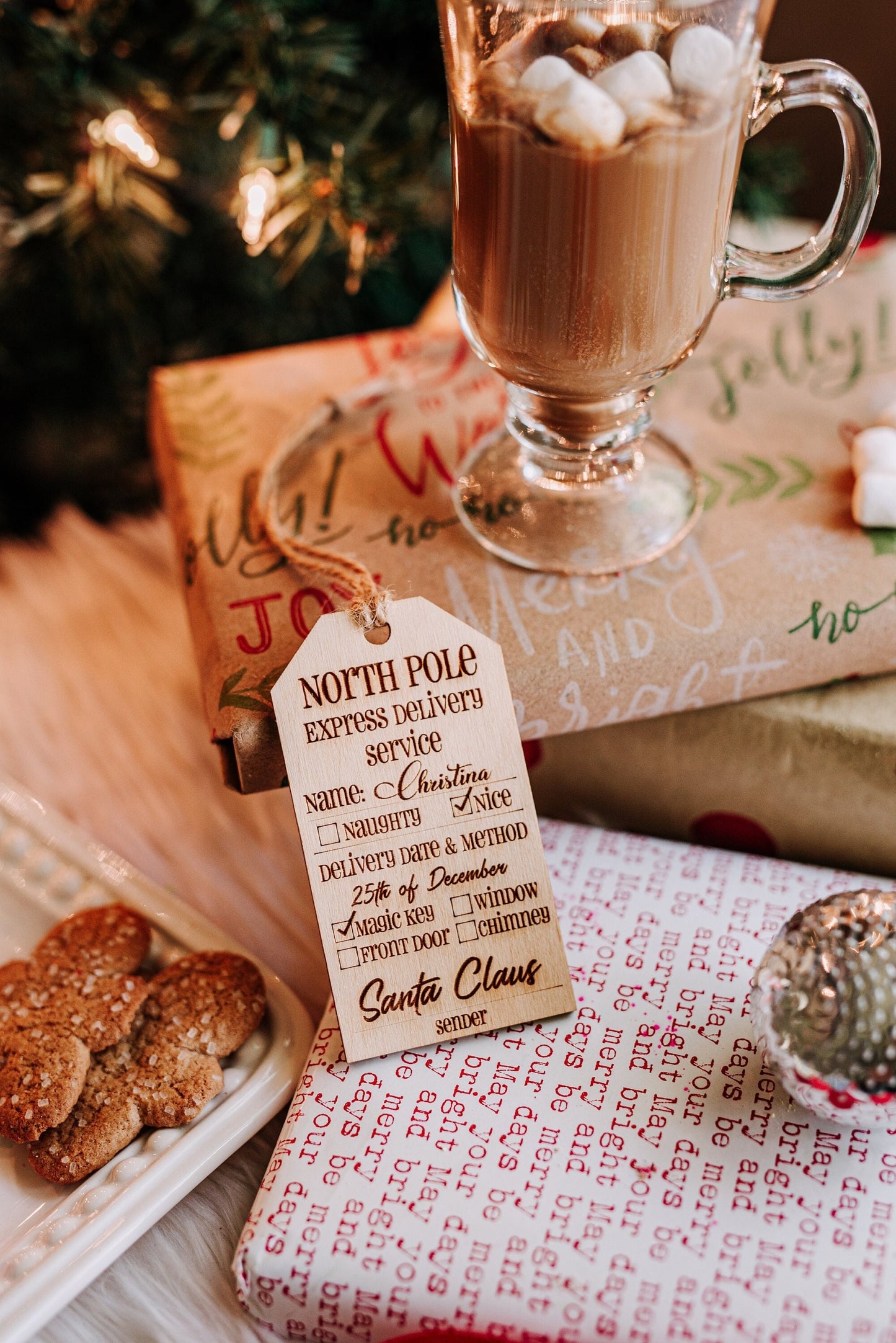 Custom North Pole Express Wooden Rustic Christmas Gift Tags With Twine, Cute Custom Name Christmas Gift Tag For Kids Gifts