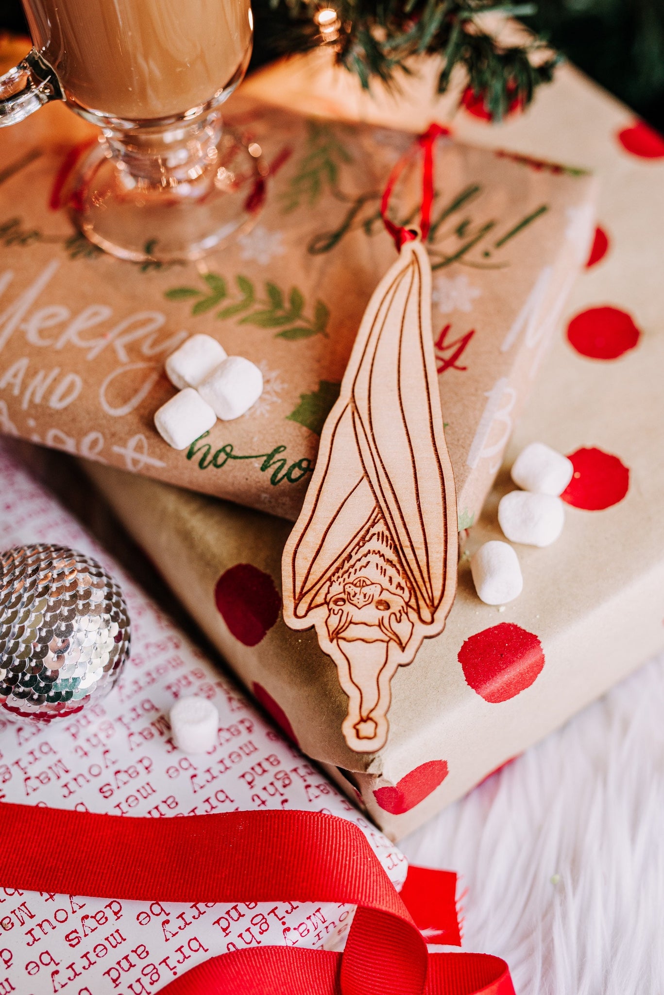 Hanging Bat Halloween Christmas Ornament Gift For Her, Cute Hanging Bat With Santa Hat Wooden Christmas Ornament Halloween Gift