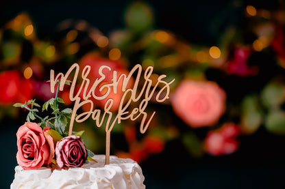 Personalized Mr. And Mrs. Last Name Wooden Wedding Cake Topper Rustic Gold Silver Rose Gold Black Anniversary Name Cake Topper