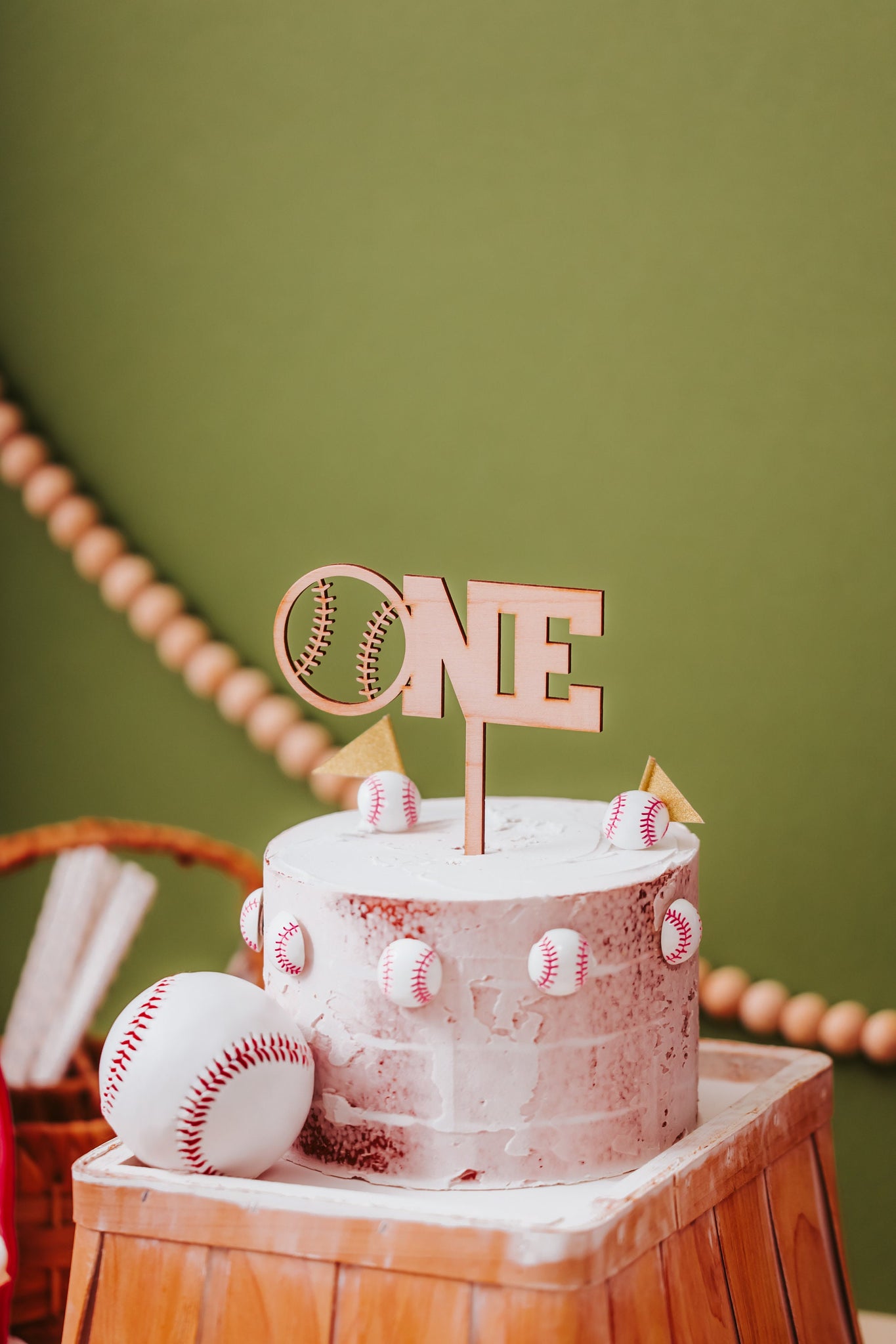 Boys Baseball Wooden First Birthday One Cake Topper, Baby Boy Natural Rustic Custom First Party Cake Smash Topper