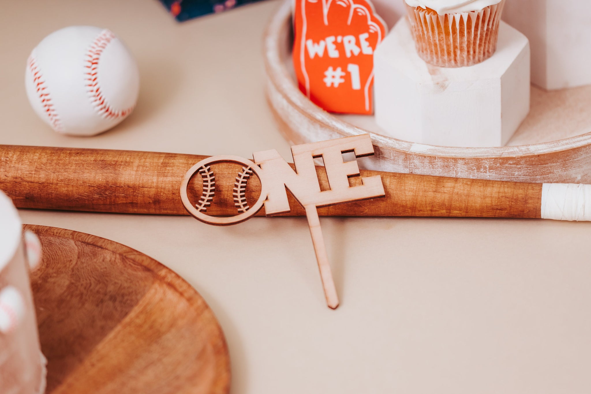 Boys Baseball Wooden First Birthday One Cake Topper, Baby Boy Natural Rustic Custom First Party Cake Smash Topper